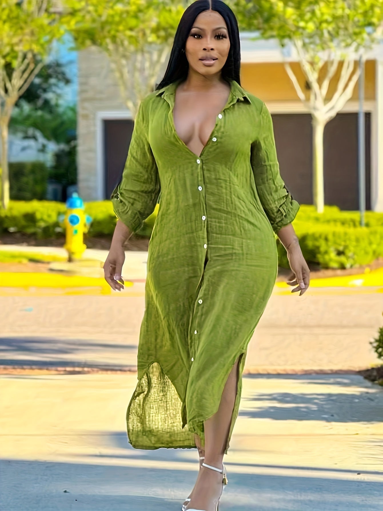 1pc Women'S Casual Solid Color Long Shirt Dress, Polyester Knit Fabric, Lapel Collar, Fitted Style, Spring/Fall Season - SS391137